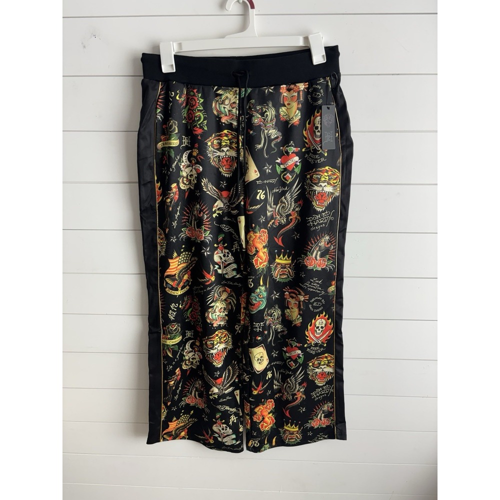 Ed Hardy Flashboard Womens Pant Classic Graphic Print Embroidered Large NWT 0702